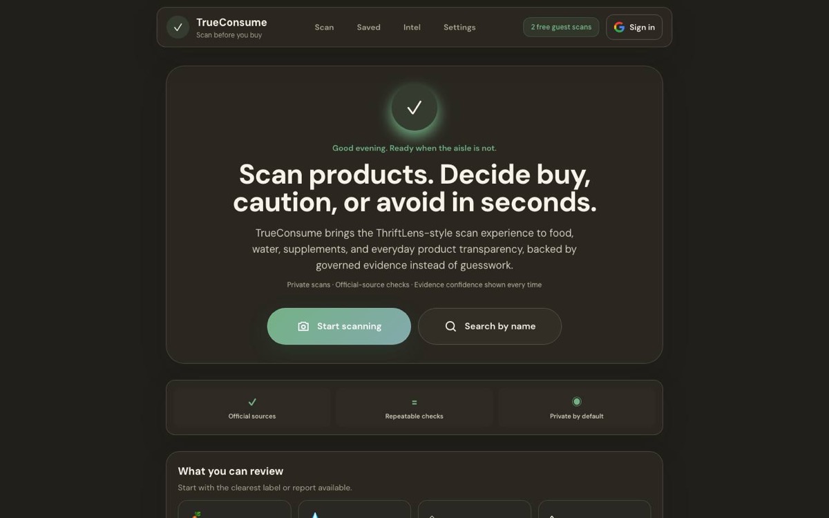 True Consume homepage